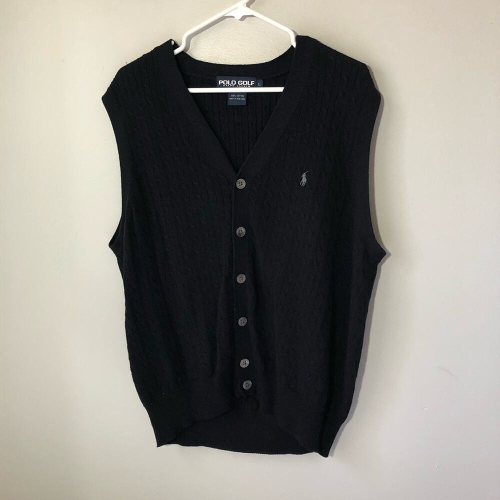 Vintage polo golf Ralph Lauren cotton cable knit cardigan sweater vest L navy
